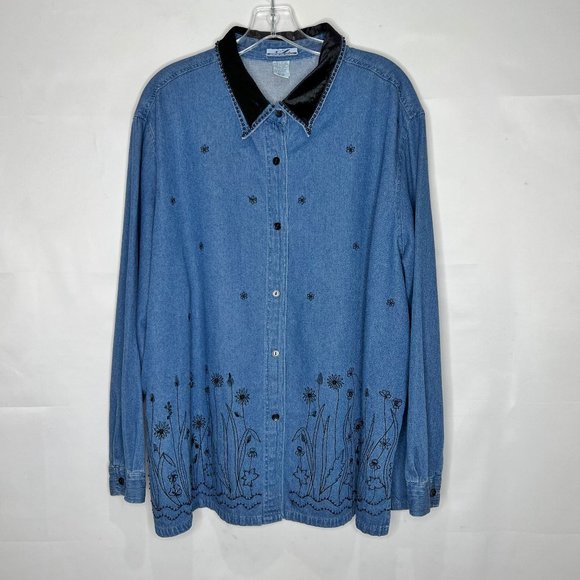 Club Z Denim Woman’s Shirt sz 22/24 Embroidered & Bead Decorated Velvet Collar - Picture 1 of 11